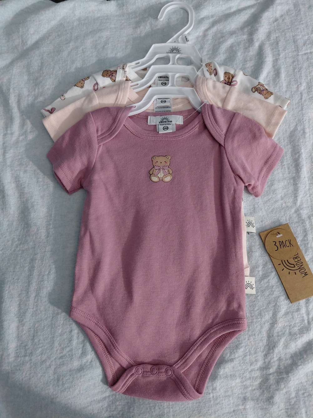 Wonder Nation Baby Girls 3-Pack Pink & Cream Teddy One-Piece Bodysuits
